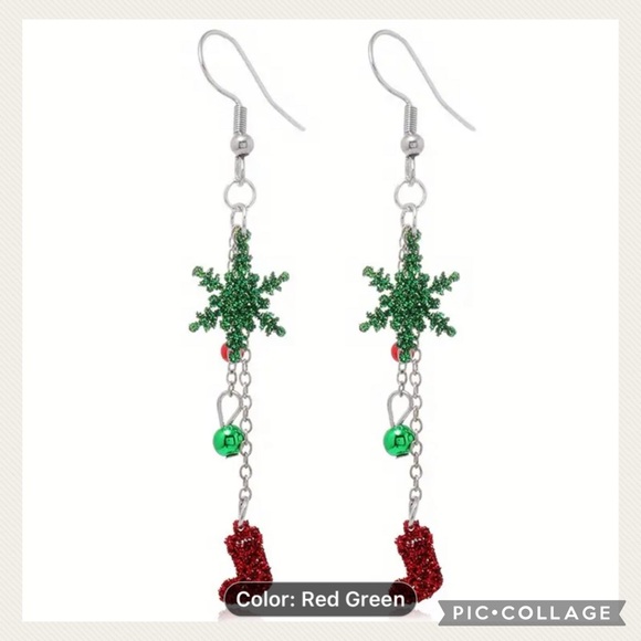 NEW Sparkling Dangle Red & Green Snowflake Whimsical Earrings - Picture 1 of 11